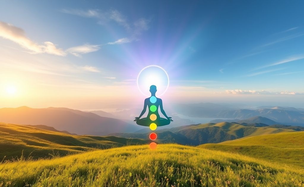 A serene landscape with colorful chakras radiating healing energy.