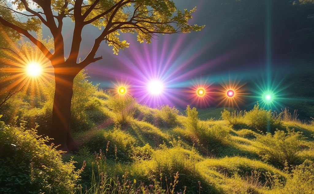 A serene landscape with colorful chakras radiating light and energy.