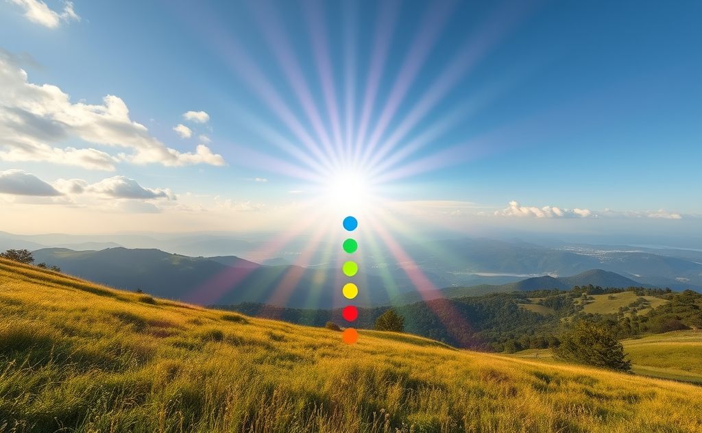 A serene landscape with colorful chakras radiating light in nature.
