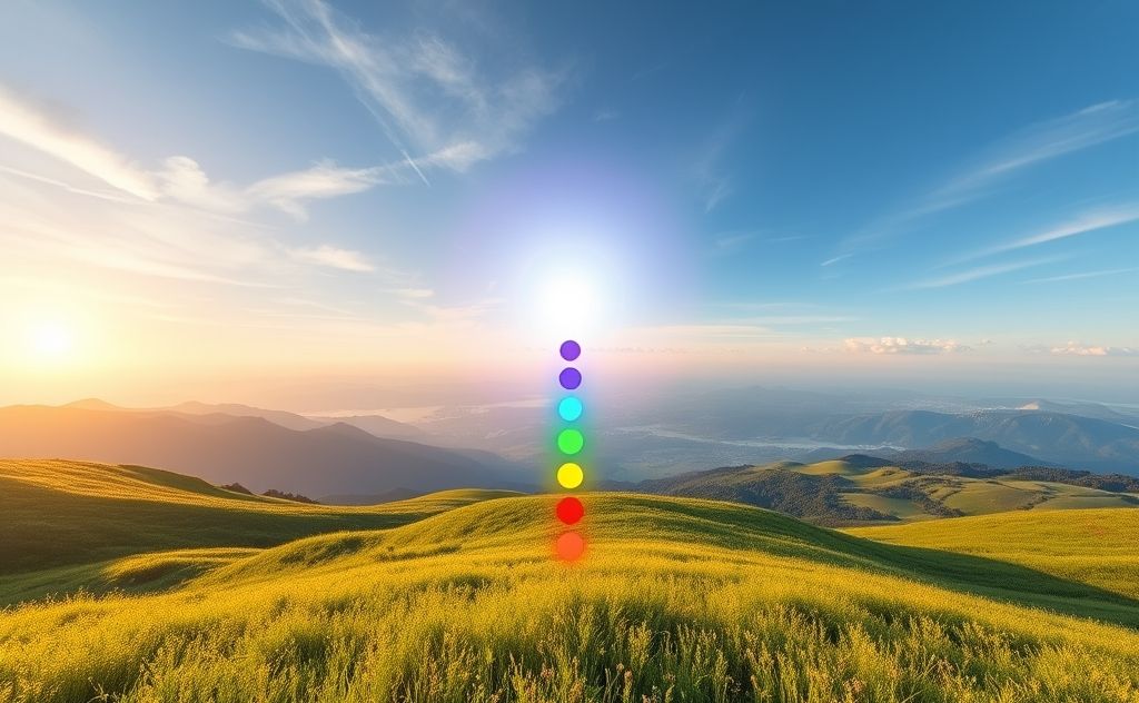 A serene landscape with colorful chakras radiating positive energy.