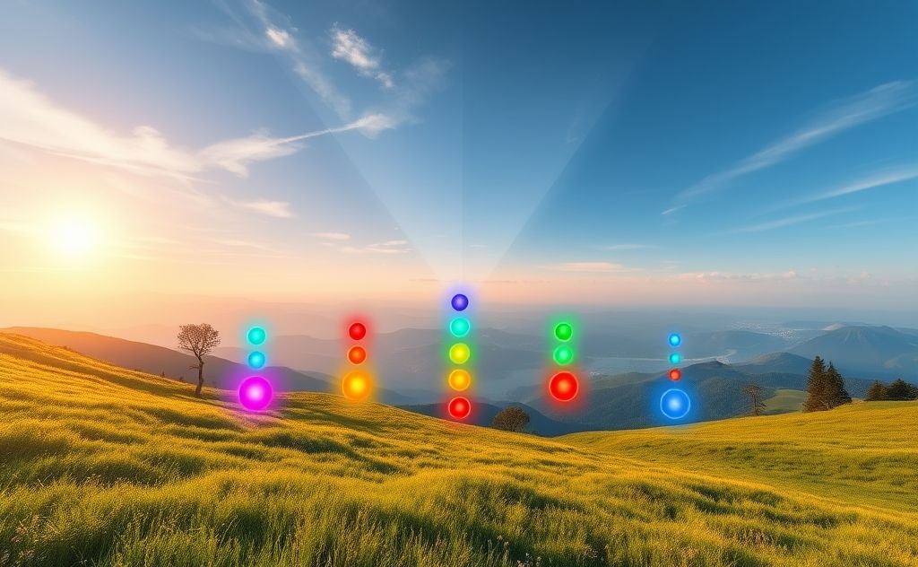 A serene landscape with colorful chakras represented as glowing orbs.