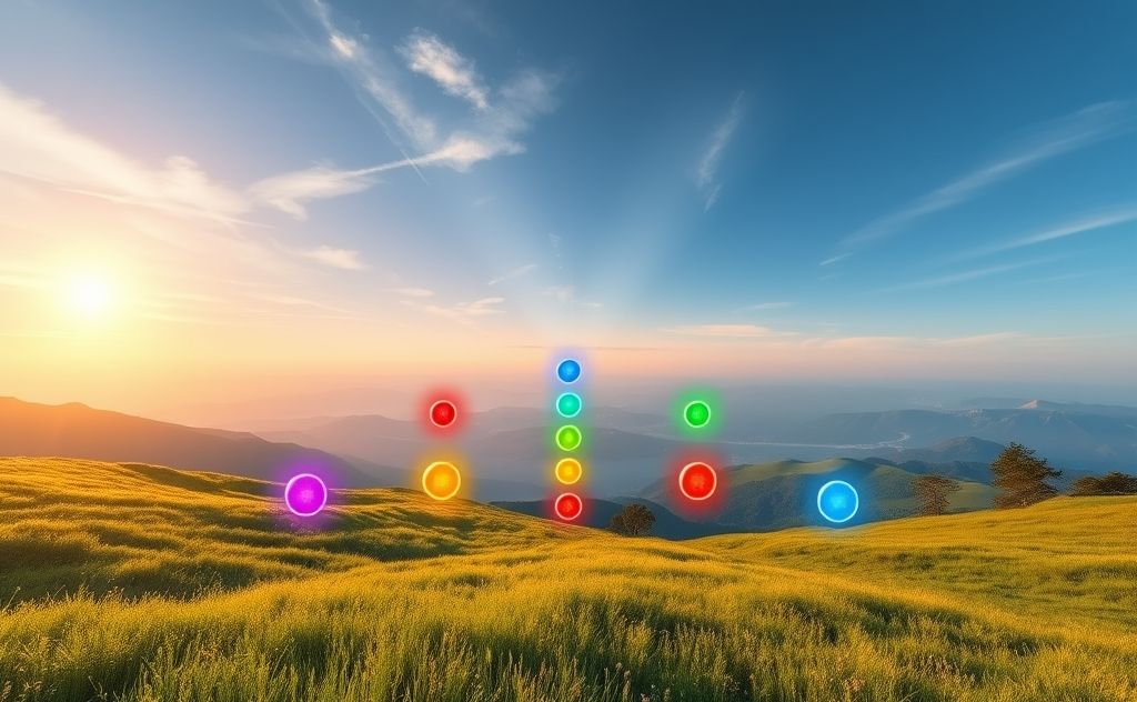 A serene landscape with colorful chakras represented by glowing orbs.