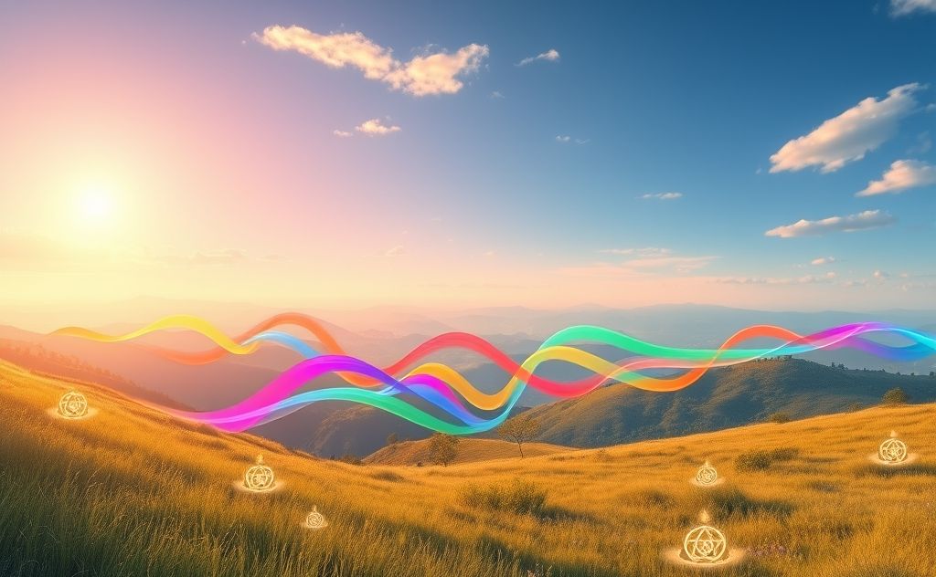 A serene landscape with colorful sound waves and chakra symbols.