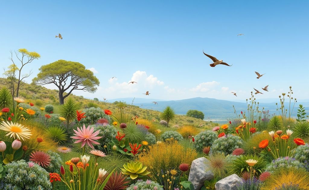 A serene landscape with diverse flora and fauna in harmony.