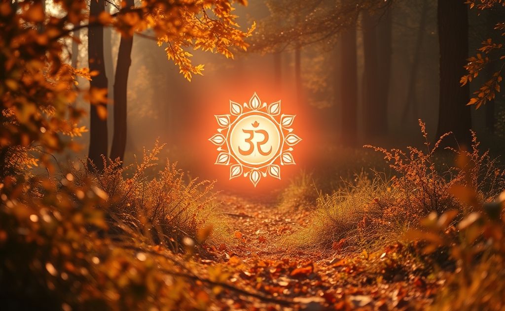 A serene landscape with earthy tones and a vibrant root chakra symbol.