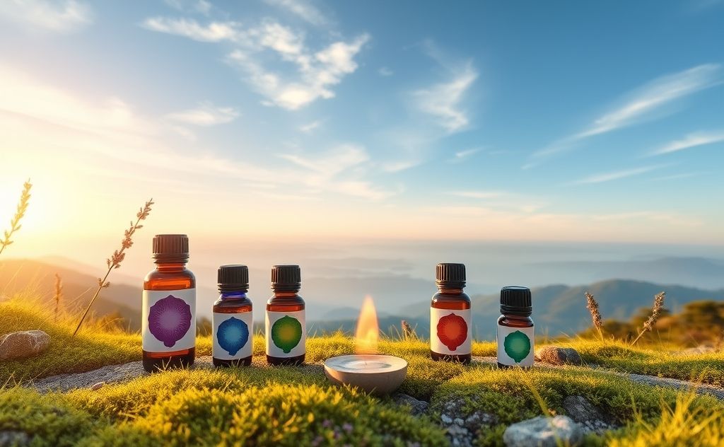A serene landscape with essential oils and chakra symbols.