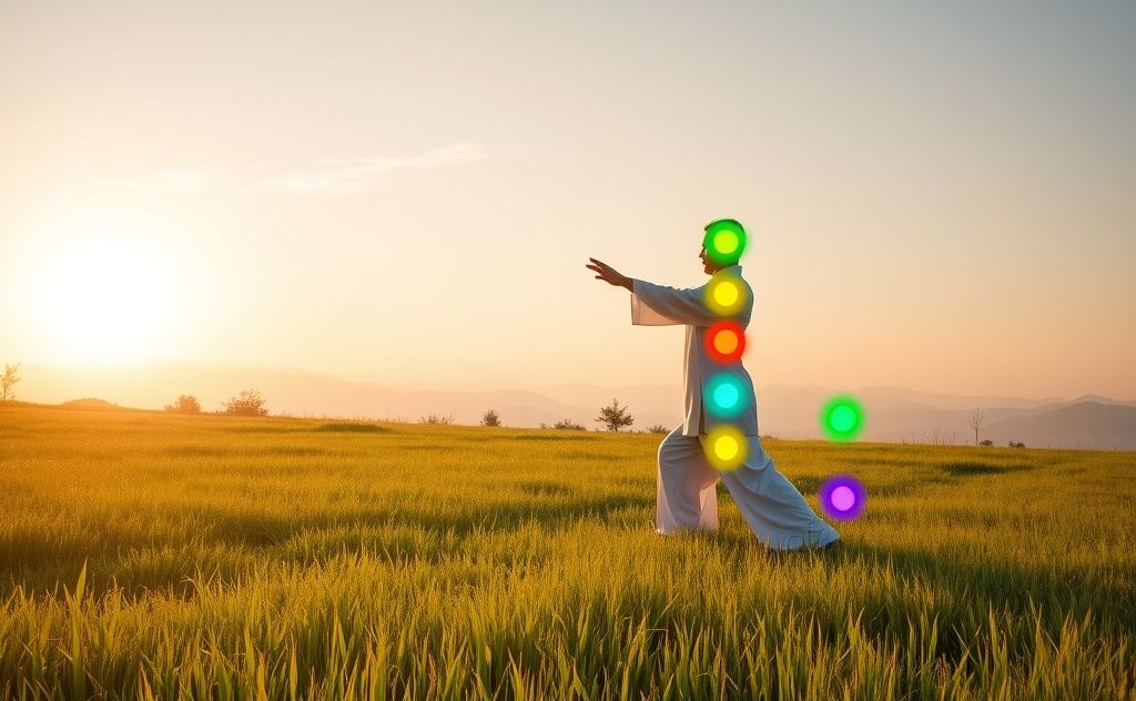 A serene landscape with flowing Tai Chi movements and chakra symbols.