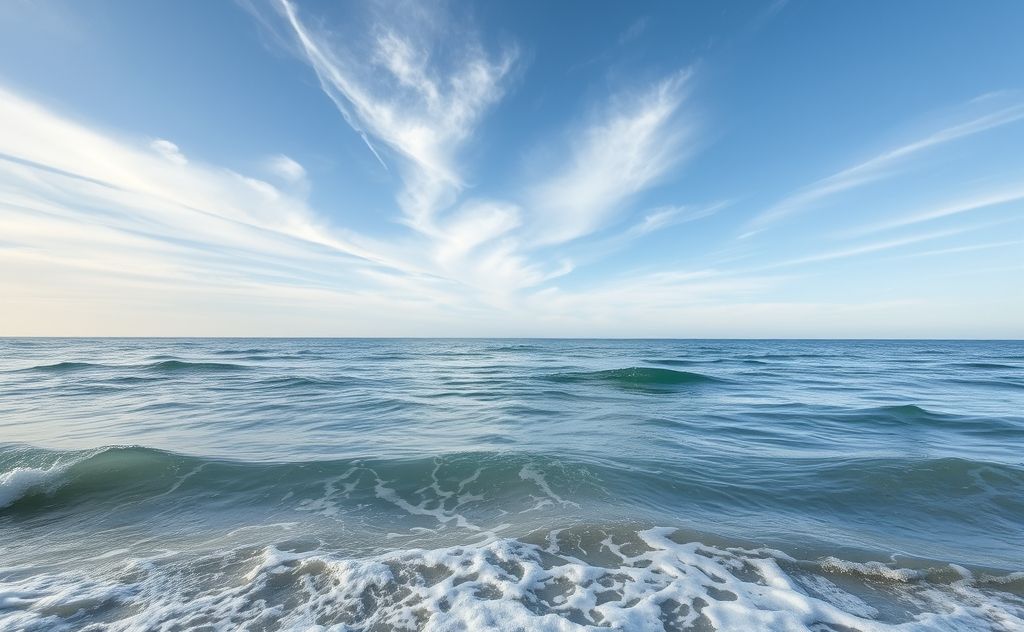 A serene landscape with flowing air and gentle waves symbolizing breath.