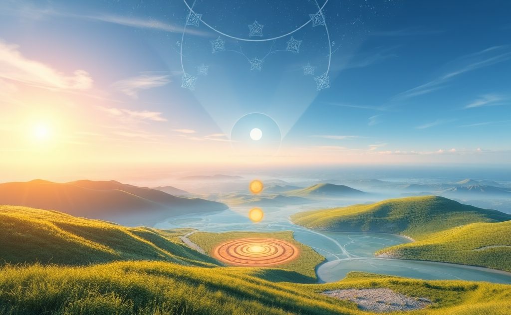 A serene landscape with flowing energy patterns and chakra symbols.