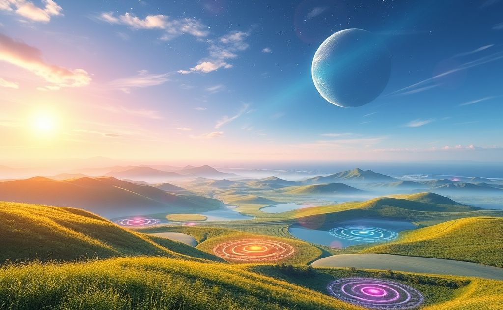 A serene landscape with flowing energy patterns and colorful chakras.
