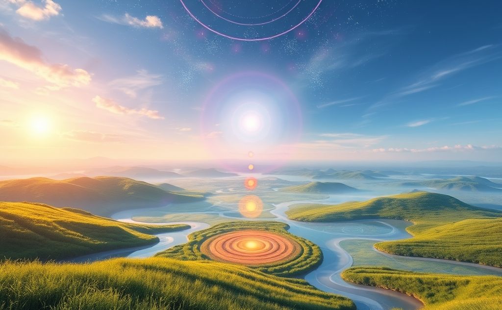 A serene landscape with flowing energy patterns and vibrant chakras.