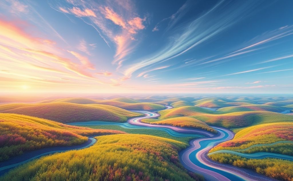 A serene landscape with flowing energy patterns and vibrant colors.