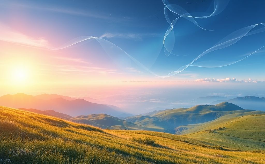 A serene landscape with flowing energy symbols and chakra colors.
