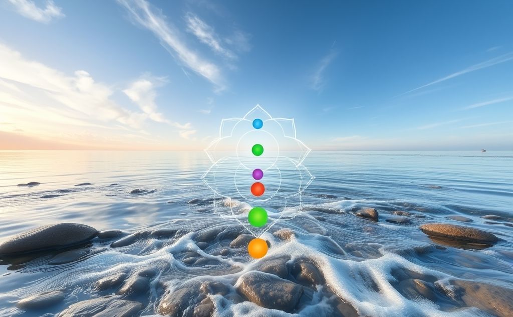 A serene landscape with flowing water and colorful chakra symbols.