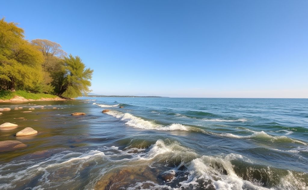 A serene landscape with flowing water and gentle trees for breath awareness.