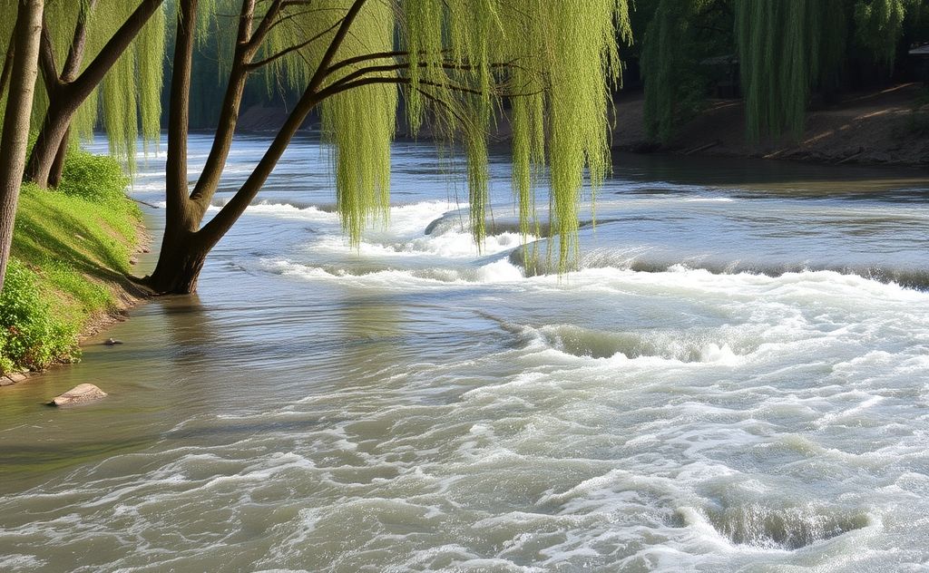 A serene landscape with flowing water and gentle trees swaying.