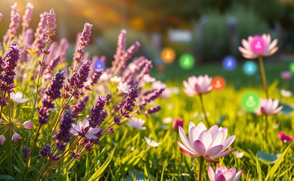 A serene landscape with fragrant flowers and chakra symbols in harmony.