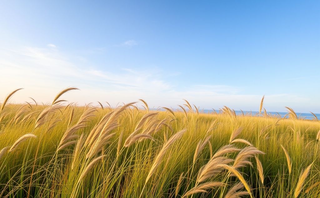 A serene landscape with gentle breezes and flowing grasses.