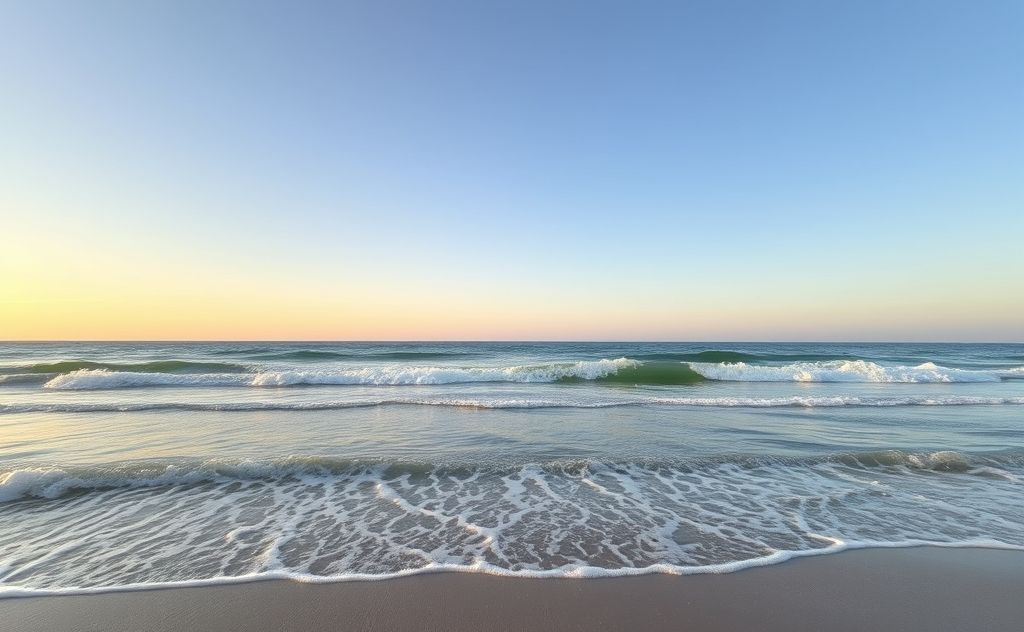 A serene landscape with gentle waves and a calm sky for mindful breathing.