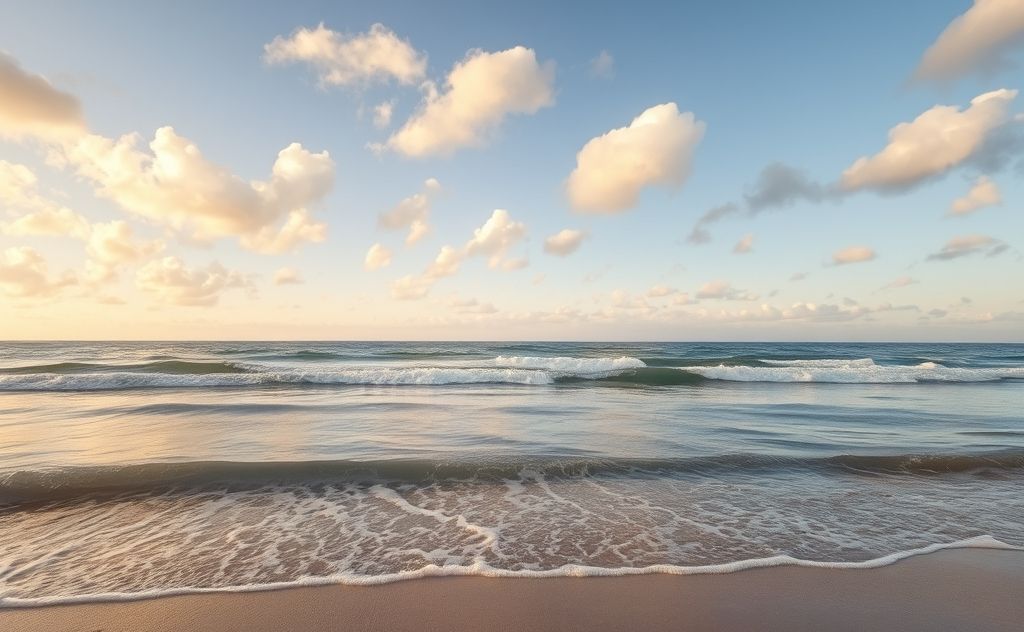 A serene landscape with gentle waves and soft clouds promoting calmness.