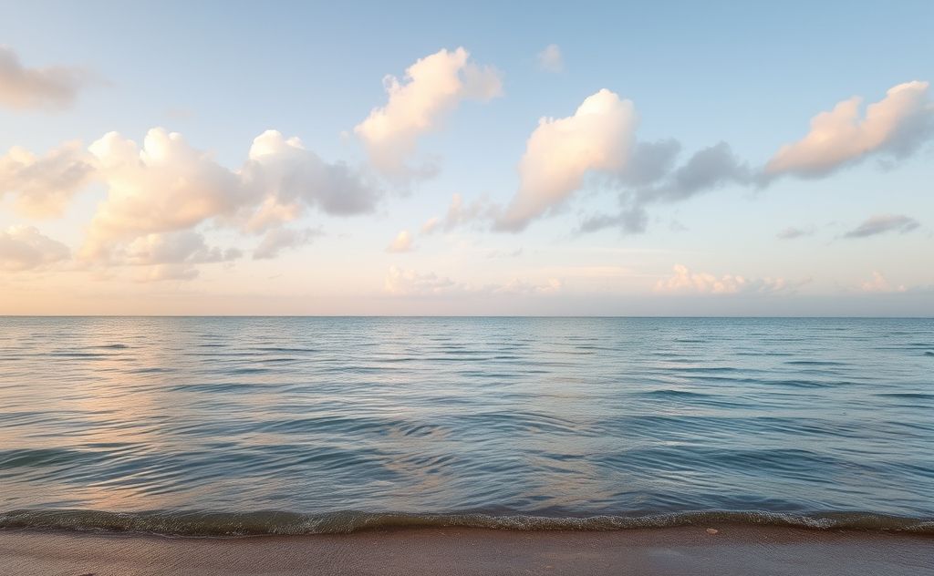 A serene landscape with gentle waves and soft clouds promoting tranquility.