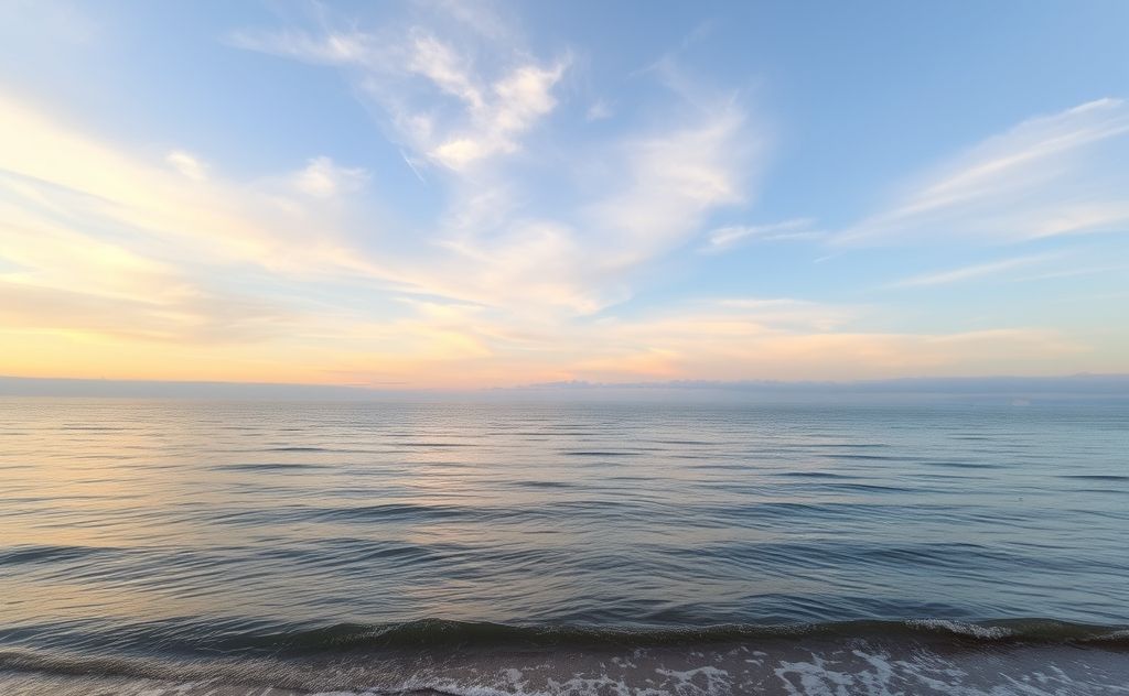 A serene landscape with gentle waves and soft, flowing clouds.