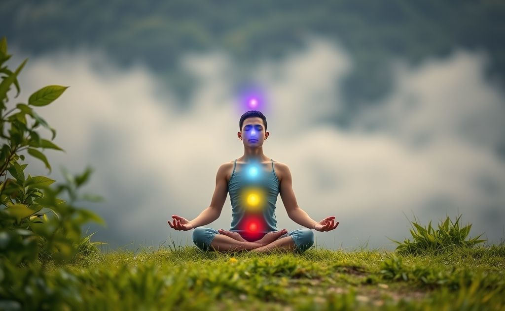 A serene landscape with glowing chakras aligned along a meditating figure.