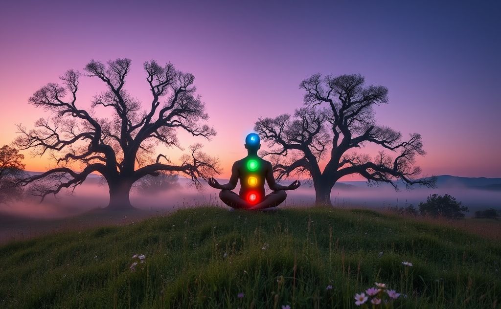A serene landscape with glowing chakras and a meditative figure.
