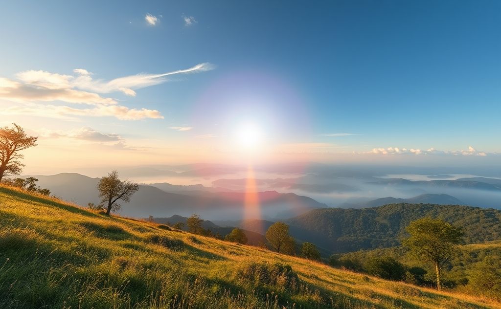 A serene landscape with glowing chakras emerging from nature.