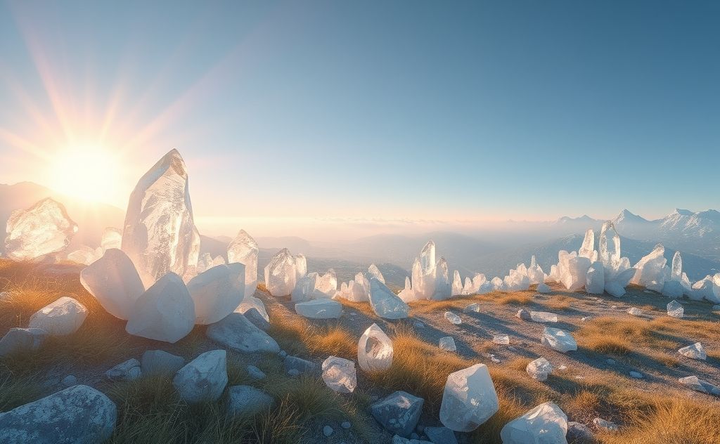 A serene landscape with glowing crystals and gentle light rays.