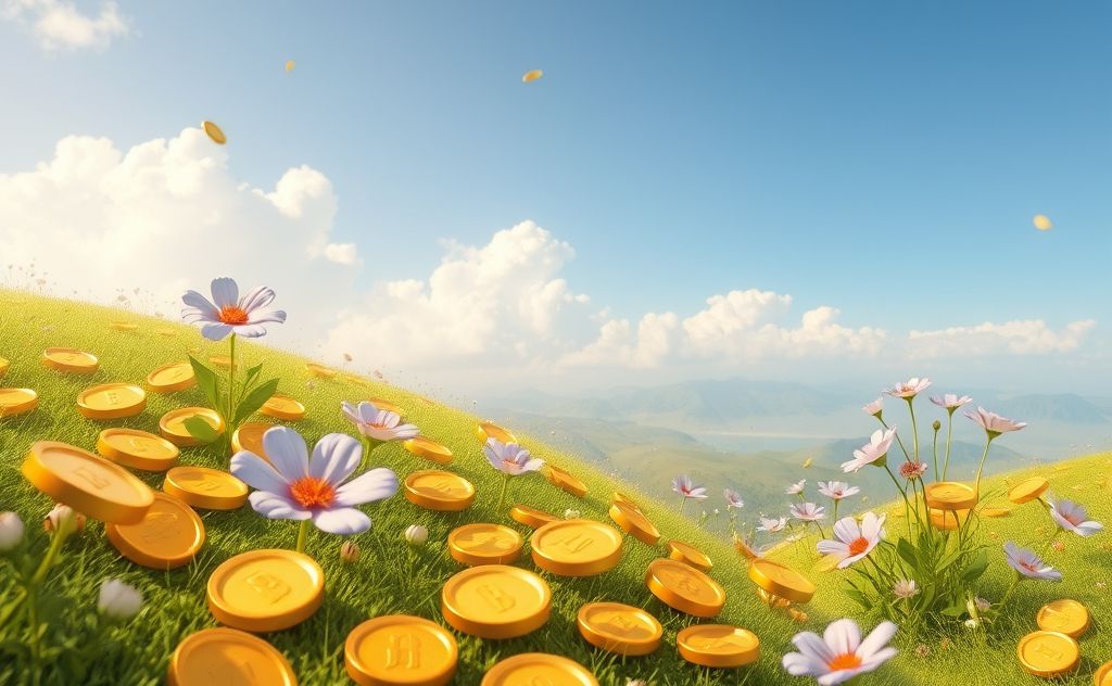 A serene landscape with golden coins and blooming flowers.