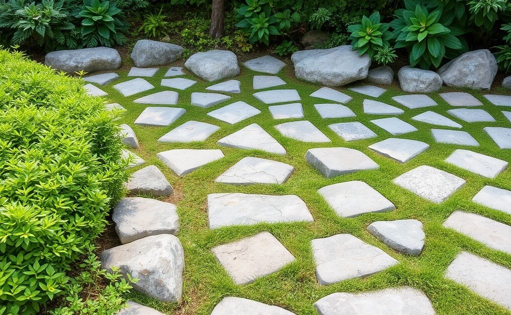 A serene landscape with grounding stones and lush greenery.