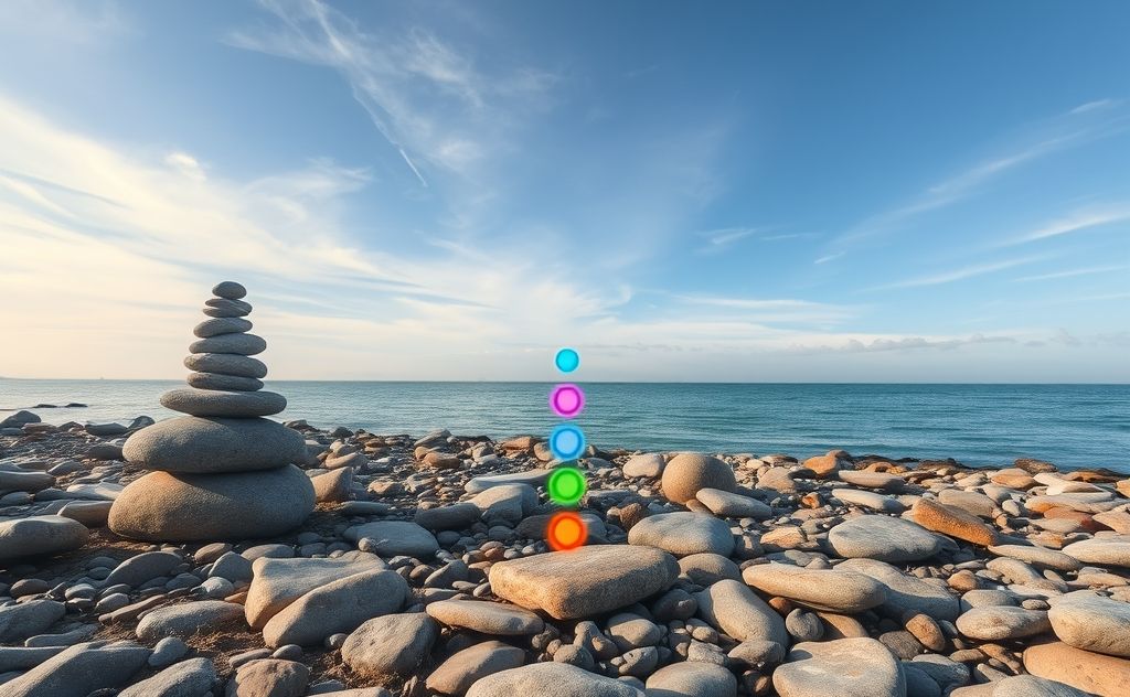 A serene landscape with grounding stones and vibrant chakra symbols.