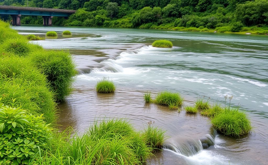 A serene landscape with lush greenery and gentle flowing water.