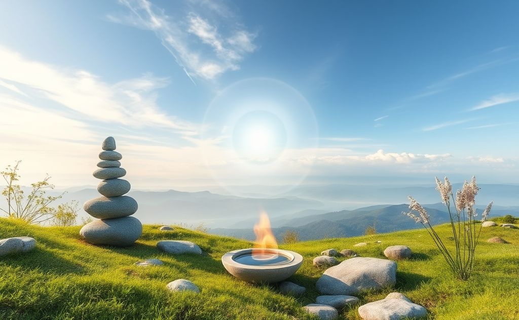 A serene landscape with natural elements symbolizing energy cleansing.