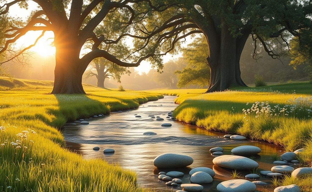 A serene landscape with nature elements symbolizing mind-body harmony.