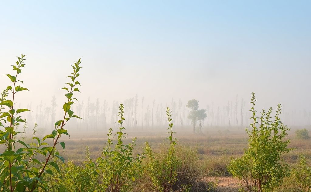 A serene landscape with plants filtering dust from the air.