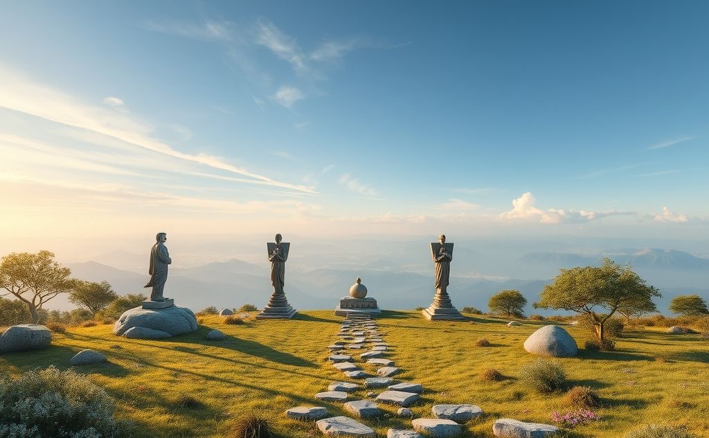 A serene landscape with sacred symbols and natural elements.