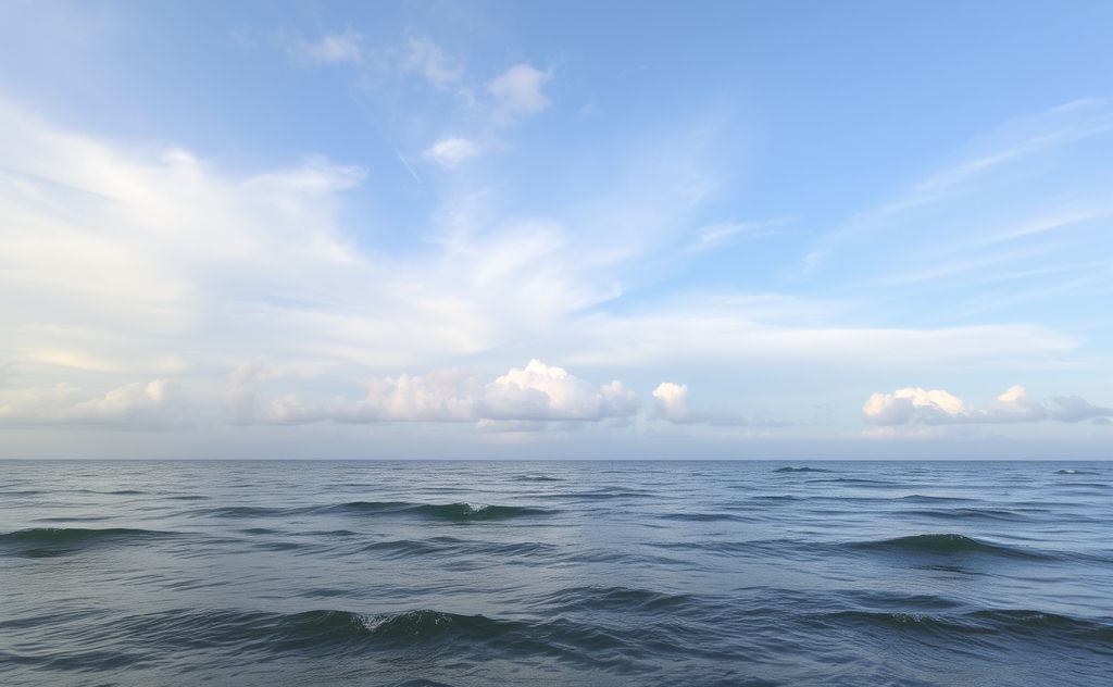 A serene landscape with soft clouds and gentle waves in water.