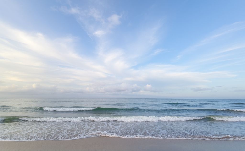 A serene landscape with soft clouds and gentle waves on a beach.