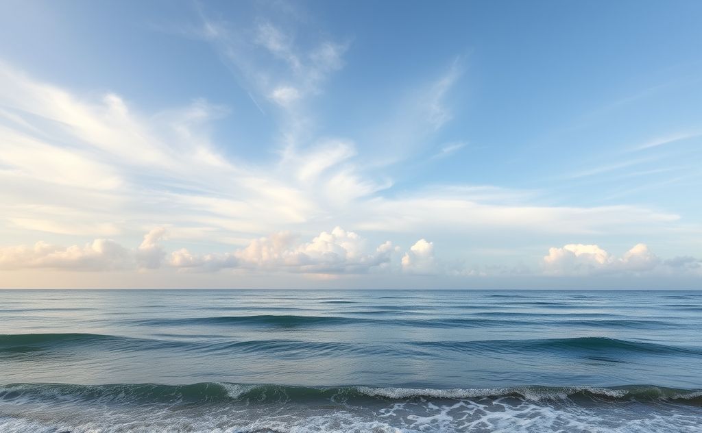 A serene landscape with soft clouds and gentle waves symbolizing calm breathing.