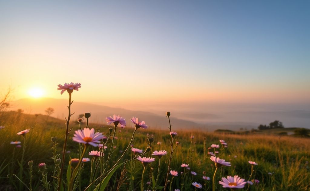 A serene landscape with soft light and blooming flowers at dawn.