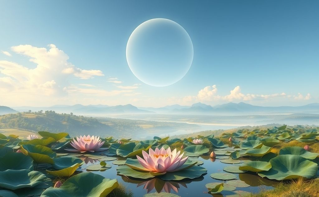 A serene landscape with symbolic elements like a lotus and mandala.