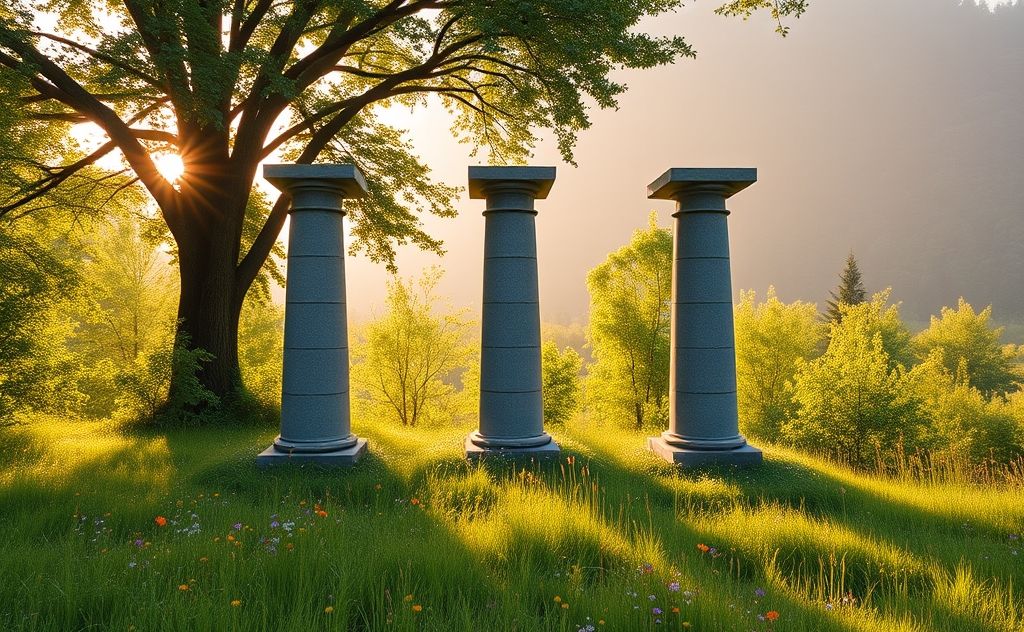 A serene landscape with three distinct pillars surrounded by nature.