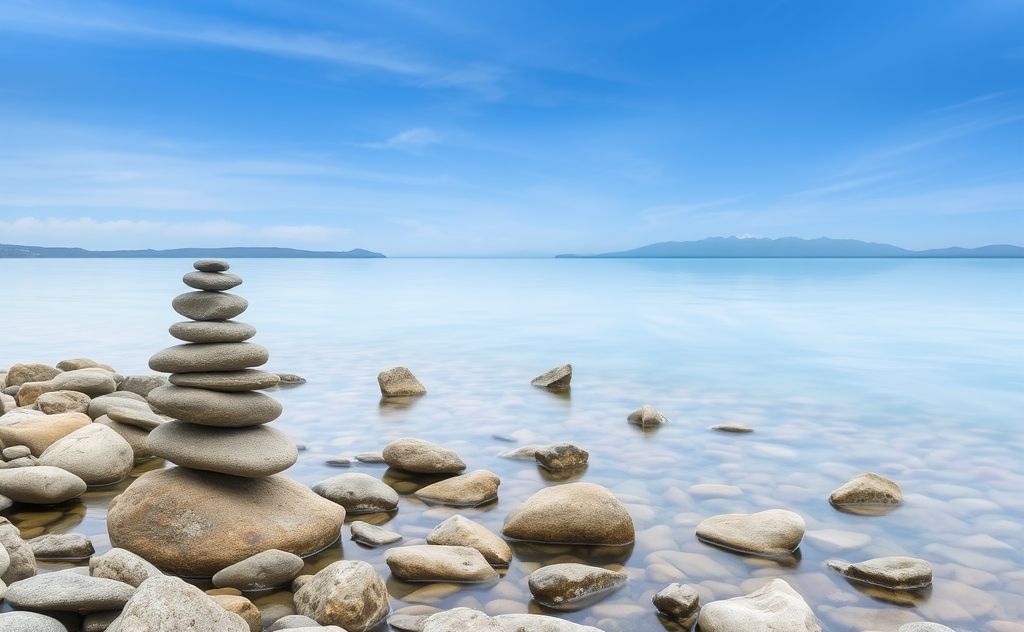 A serene landscape with tranquil water and balanced stones.
