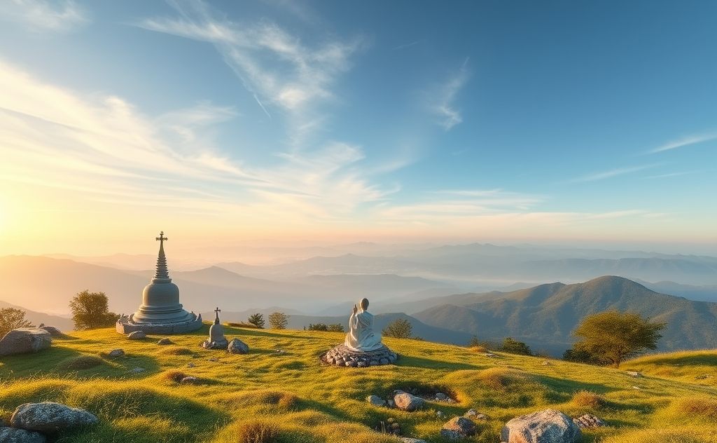 A serene landscape with various sacred symbols for meditation.
