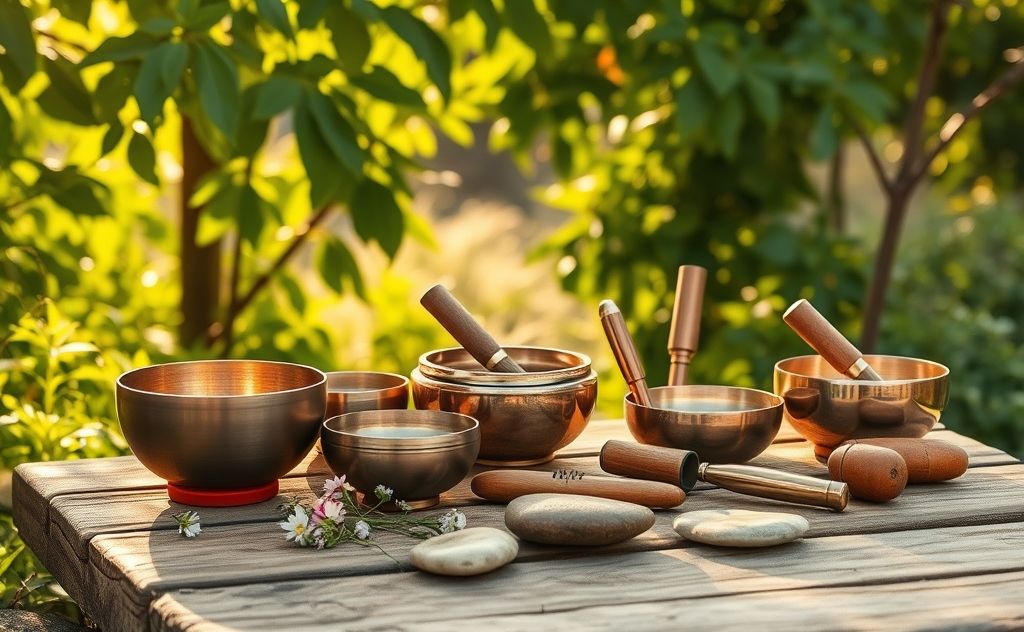 A serene landscape with various sound healing instruments displayed.