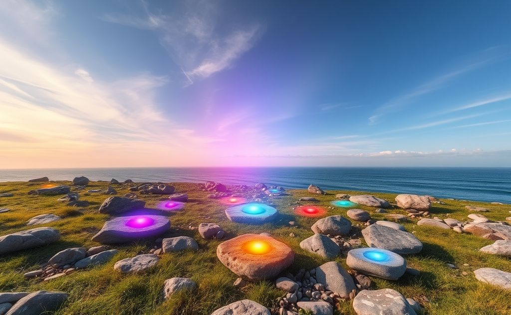 A serene landscape with vibrant chakra colors radiating from stones.