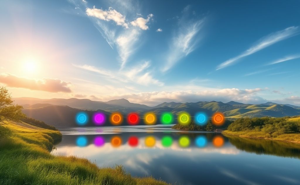A serene landscape with vibrant chakra symbols glowing in harmony.
