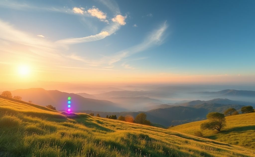 A serene landscape with vibrant chakra symbols glowing softly.